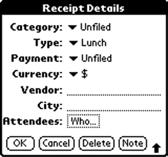 Entering Receipt Details Detailed expense-related information can be added to the item using the details screen.