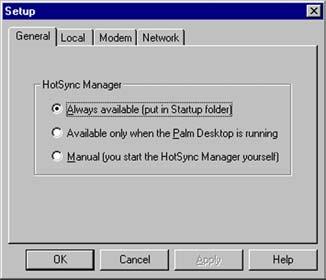 Selecting HotSync Setup Options The HotSync manager can be set to run at desired times. If necessary, the local and modem settings can be adjusted. Setting Options 1.