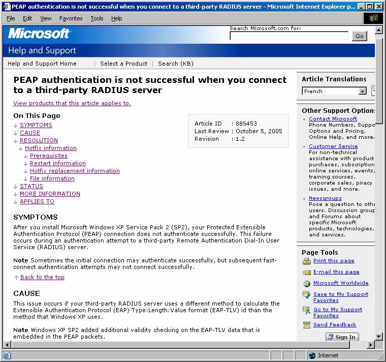 Microsoft XP Supplicant info KB885453 must be obtained from Microsoft directly Beware of