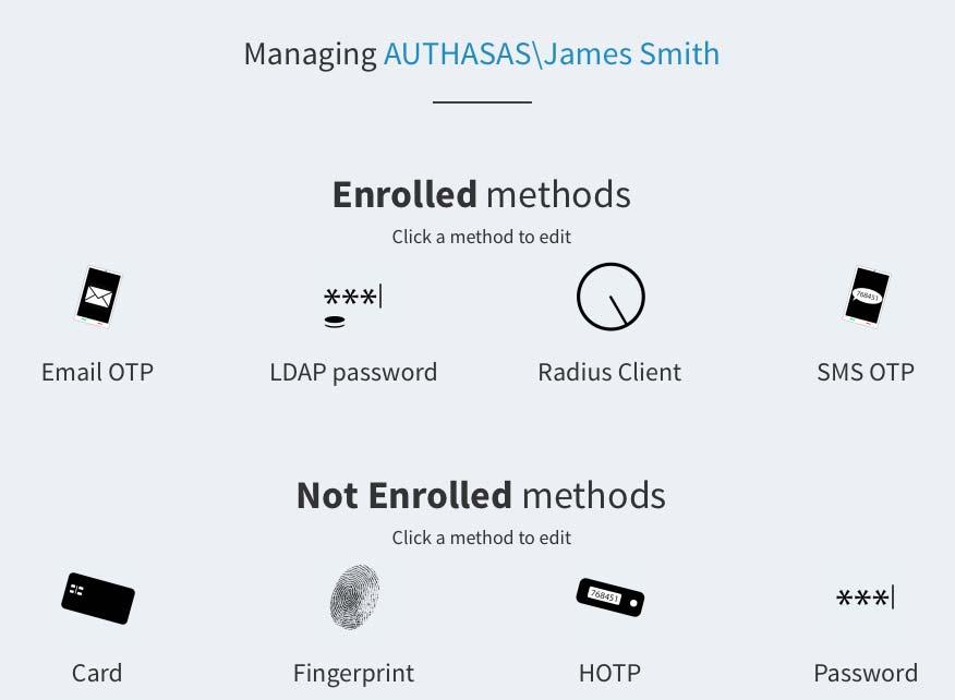 Methods which enroll automatically: 1. Email OTP 2. LDAP Password 3. Radius Client 4. SMS OTP 5. Voice OTP Not Enrolled methods: 1. Bluetooth 2. Card 3. Emergency Password 4.