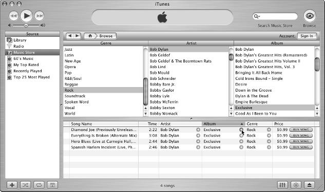 Click a song in the list of songs and click the Play button to play a preview. Each preview lasts about 30 seconds.