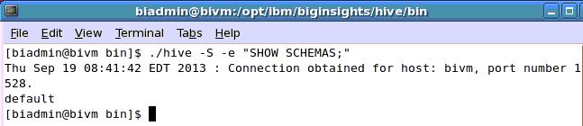 4. Execute a hive one shot command (the -e designates this) to show the current schemas in the system.