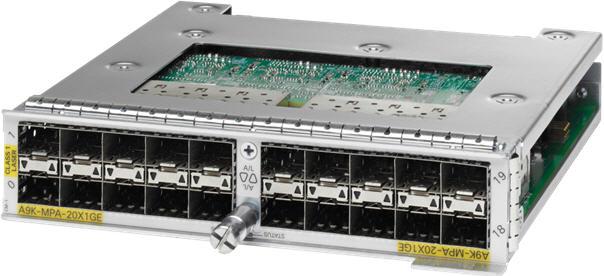 The 20-Port Gigabit Ethernet modular port adapter provides 10 double-stacked SFP (20 total) cages that support either fiber-optic or copper Gigabit Ethernet transceivers.
