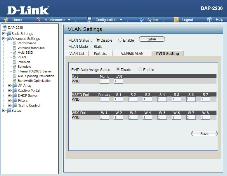 PVID Setting The PVID Setting tab is used to enable/disable the Port VLAN Identifier Auto Assign Status as well as to configure various types of PVID settings.