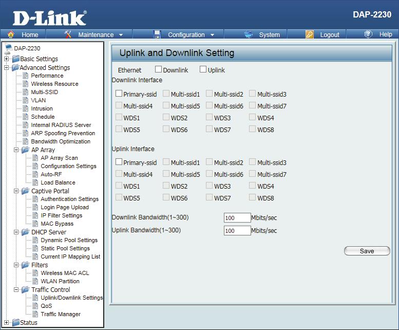 Traffic Control Uplink/Downlink Settings The uplink/downlink setting allows users to customize the downlink and uplink interfaces including specifying downlink/uplink bandwidth rates in Mbits per