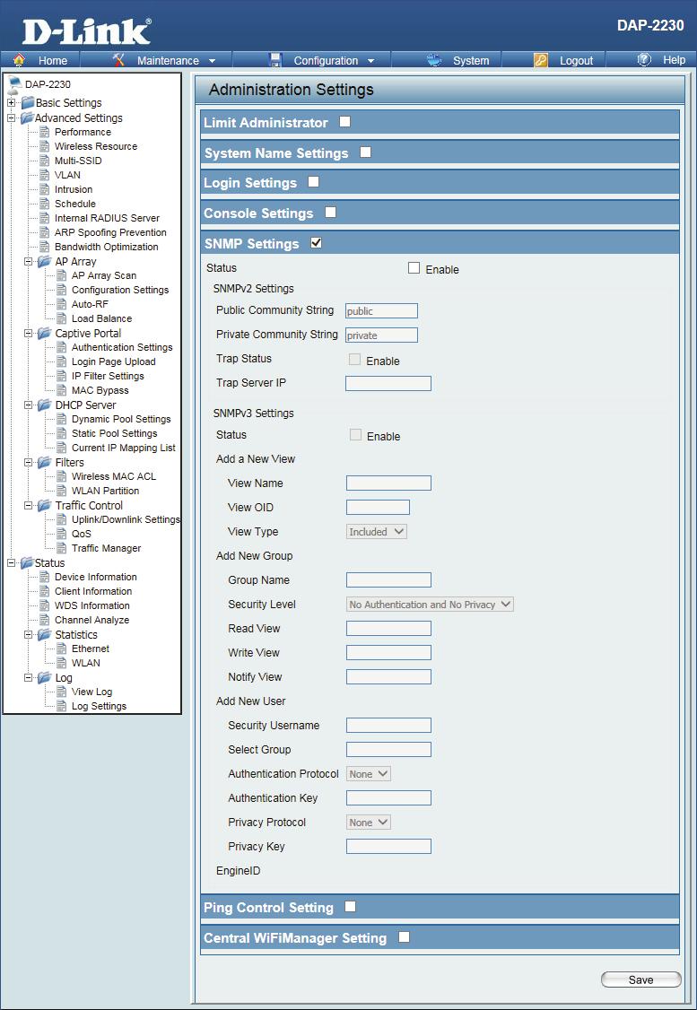 SNMP Settings Each of the five main categories display various hidden administrator parameters and settings.