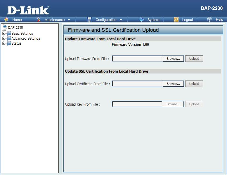 Firmware and SSL Certification Upload This page allows the user to perform a firmware upgrade. Be sure to check the support.dlink.