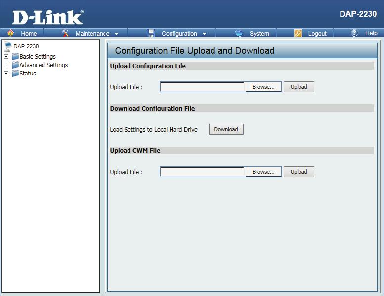 Configuration File Upload Upload File: Download Configuration File: Click the Browse button to locate a previously saved configuration file on your local computer.