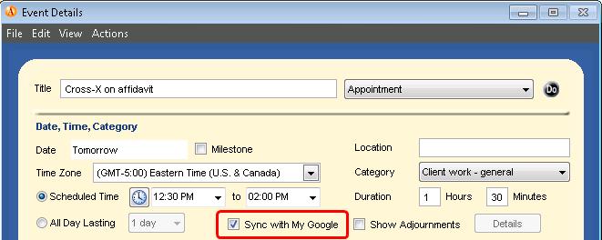 Appointments Google checkbox is in the Appointment Details Dialog.