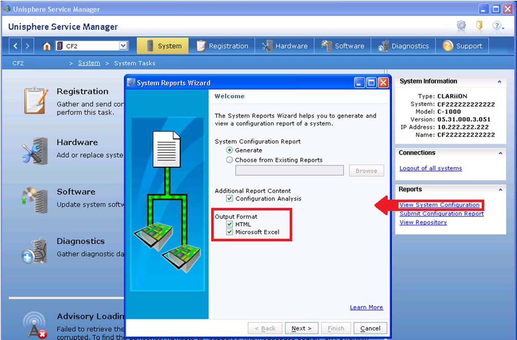 Capture & View CLARiiON Configuration XML With Unisphere Service Manager (USM) 1. Install the latest Unisphere Service Manager 2. Select View System Configuration from the right pane 3.