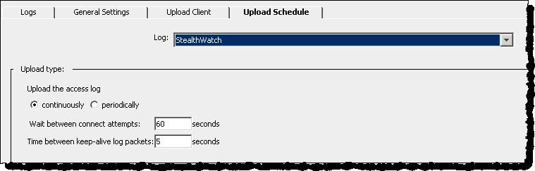 Click the Upload schedule tab, and select the continuously option for the Upload the access log. f. In the Wait between connect attempts field, type 60. g.