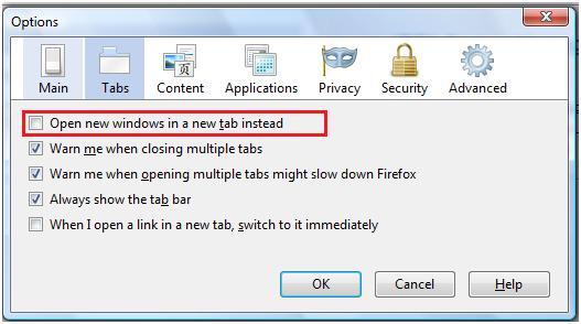 If the box for 'Open new windows in a new tab instead' is