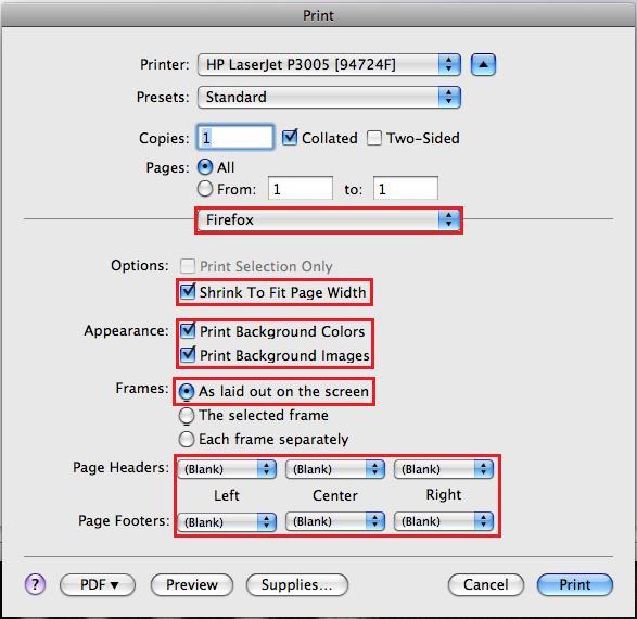 Firefox 3.x for Macintosh Printing From the File. Dropdown menu, select 'Print'. This brings up the Print dialogue box shown below. Select the 'Firefox' options from the scrollable drop list.