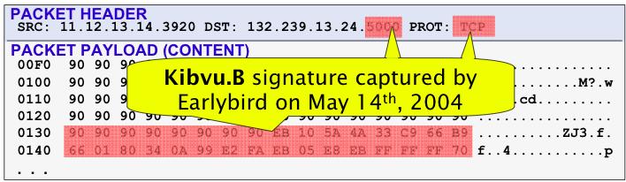 Results Earlybird successfully detects and extracts virus signatures from every known recent worm (CodeRed,