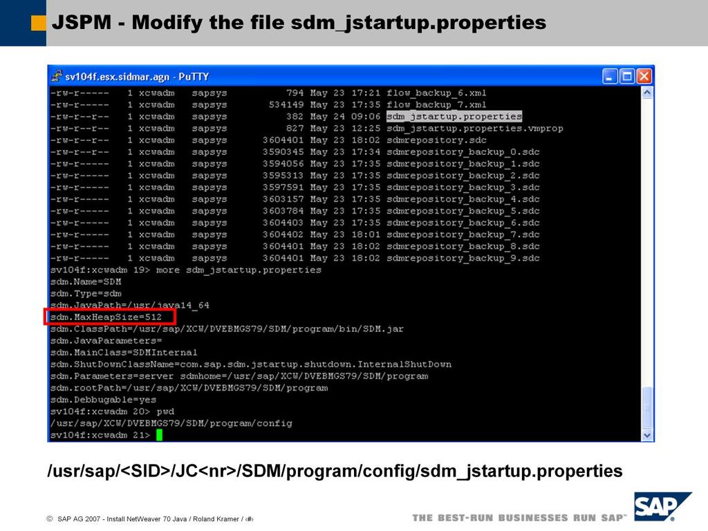 Additional useful SDM Tasks: How to patch the SDM GUI manually prior to SR2 (Note 860939): Go to the directory <drive>:\usr\sap\<sid>\jc<nr>\sdm\program StopServer.bat (windows) or.sh (unix) sdm.