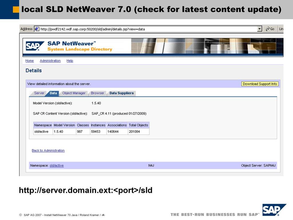 Check the assigned Roles for the usage of the SLD: Role LcrInstanceWriterAll LcrAdministrator UME Action sap.com_com.sap.lcr.lcrinstancewriterall sap.com_com.sap.lcr.lcradministrator Mapping Security Role to User 1.