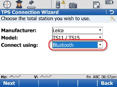 Settings for TPS Wizard on CS In the first step of the wizard select the instrument type as Leica in the Manufacturer: field.