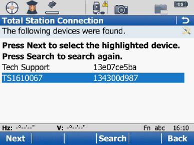 Connecting TS15 Instrument and CS Controller Bluetooth pairing between CS and TS After the Bluetooth search is completed by SmartWorx, all of the available Bluetooth devices within the range of the
