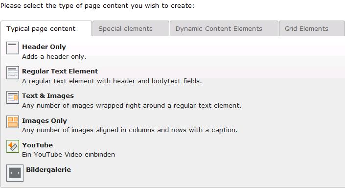 Table 1 - Content element actions Actions Instructions Create element To create a new content element, click on the plus icon in the page area of choice, and select the type of content element you