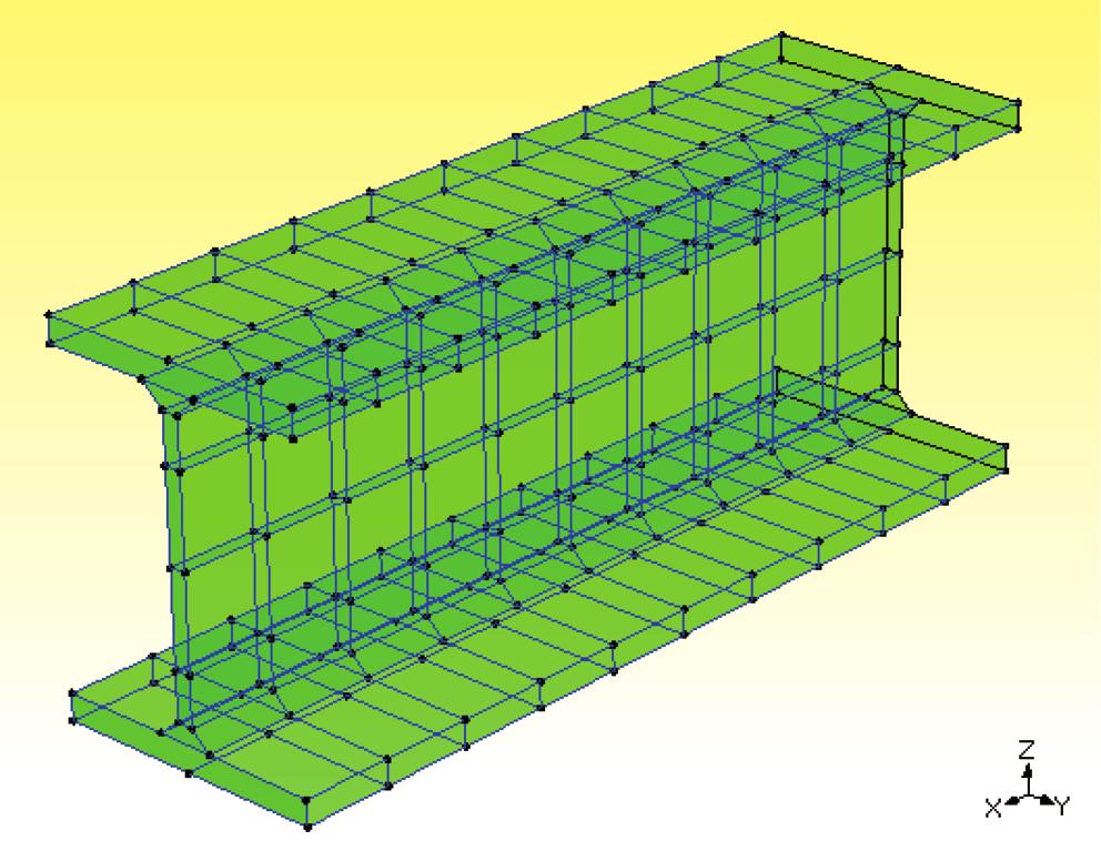 Figure 9c. 1293-Hz FEA mode Shape. Figure 8. I beam extruded from cross section of photo model. Figure 9d. 1399-Hz FEA mode Shape. Figure 9a. 461-Hz FEA mode shape. Figure 9e. 1805-Hz FEA mode Shape.