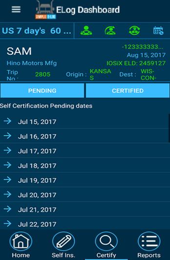 7. SELF-CERTIFIED MENU The dashboard of the Certify page contains Driver name, Truck VIN details, Date, ELD details, Company name, Trip number, origin, and destination.