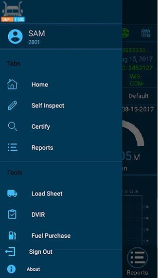 3. MENU PAGE Menu page contains all the app features like Home, Self-Inspect, Certify, Reports, Load Sheets, DVIR and Fuel Purchase.