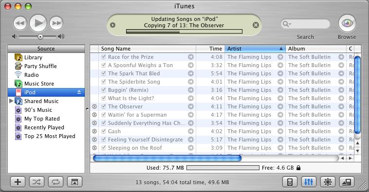 Transferring Music to ipod By default, ipod is set to update automatically with all songs and playlists when you connect it to your computer. This is the simplest way to transfer music to your ipod.