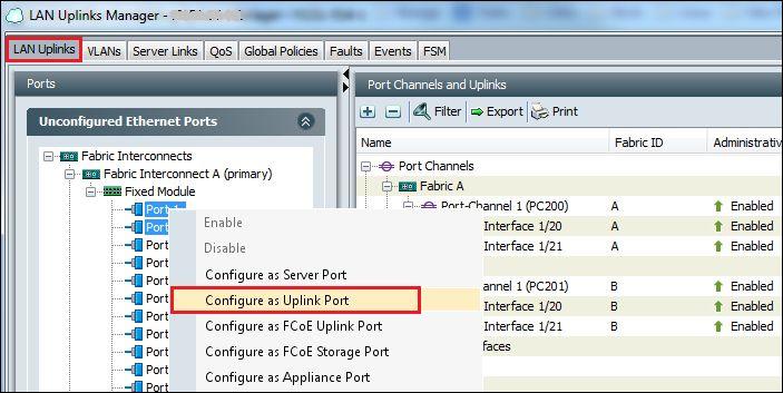 Expand Fixed Module. 5. Click on a single port and then use the CTRL key to select additional ports. 6. Right-click the options menu and select Configure as Uplink Port.