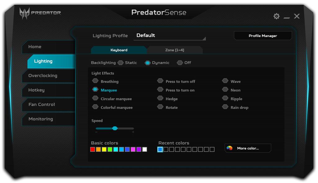 PredatorSense - 47 Dynamic lighting Select Dynamic to see a set of animated light effects. Each effect provides a different animation for the backlight colors.