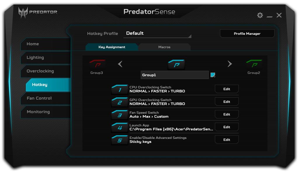 48 - PredatorSense Turn each zone on or off, or adjust the color for each of your lighting profiles. Adjusting the hotkeys Select Hotkey to see programmable hotkey options.