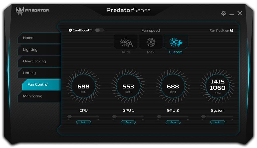 Fan control PredatorSense - 51 Use the fan controls to adjust the fan activity for the CPU, each GPU and system