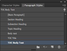 Guide Adobe InDesign How to create TOC entries with tab leaders: 1. Choose Window > Styles > Paragraph Styles to display the Paragraph Styles panel (Figure 39). 2.