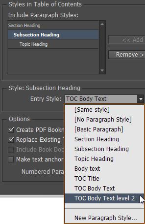 Choose Layout > Table Of Contents. The Table of Contents dialog box opens. 14. In the Include Paragraph Styles area, choose the style that you want to update with the redefined indented style. 15.