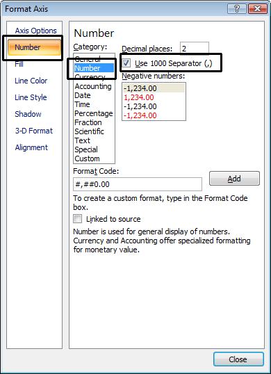 Click on the Number button displayed within the left side of the dialog box. Within the Category section, select Number.