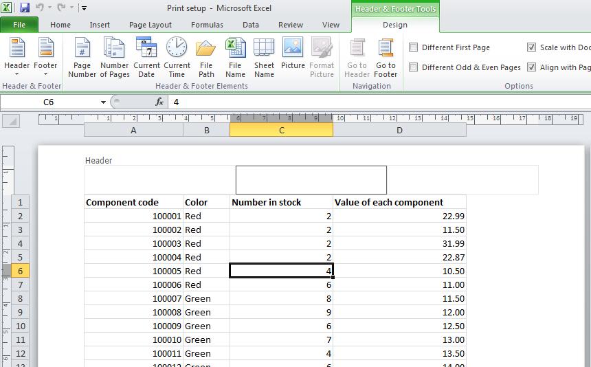 You will see the Header area displayed at the top of the worksheet, as illustrated. Type in the text for your header, such as Stock Levels for January.