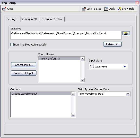 Chapter 7 Extending NI SignalExpress Tektronix Edition Projects with LabVIEW Figure 7-1. Limiter VI Step Setup Dialog Box 5. Click the Close button, shown at left, to close the Step Setup dialog box.