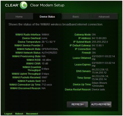 CLEAR Modem Home Page / Device Status Tab This tab shows the status of the Modem. 9 WiMAX Radio Interface: Displays the type of network to which the Modem is connected.