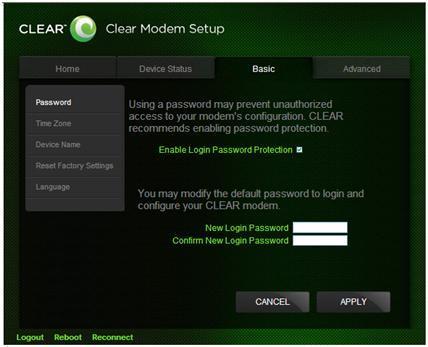 CLEAR Modem Home Page / Basic / Password Tab Using a password may help prevent unauthorized access to your Modem. CLEAR recommends enabling password protection.