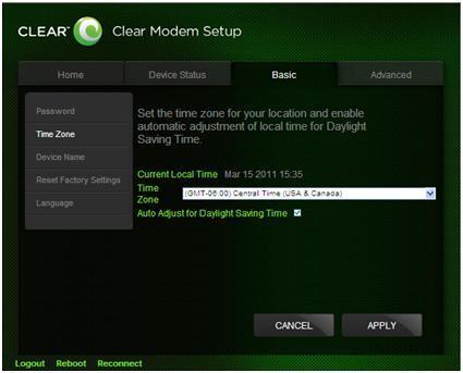 CLEAR Modem Home Page / Basic / Time Zone Tab Set the time zone for your current location, and enable or disable Auto Adjust for Daylight Savings Time.