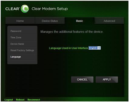 CLEAR Modem Home Page / Basic / Language Tab Set the language (English or Spanish) that is used in your CLEAR Modem Home page. Click APPLY when you re ready to change the language setting.