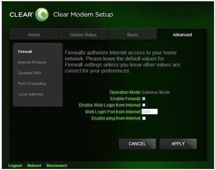 CLEAR Modem Home Page / Advanced / Firewall Tab Warning: This tab includes settings that could negatively impact the performance of the Modem, if set incorrectly.