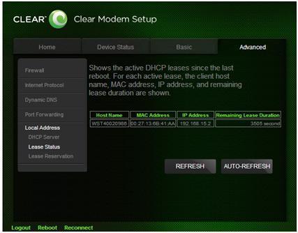 CLEAR Modem Home Page / Advanced / Local Address / Lease Status Tab Warning: This tab includes settings that could negatively impact the performance of the Modem, if set incorrectly.