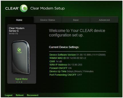 CLEAR Modem Home Page / Home Tab After you ve logged in to the CLEAR Modem Home Page, you ll see the Home Tab, which displays helpful information about the Modem.