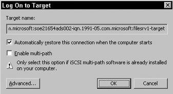 22 Chapter 1 n Windows Server 2008 Storage Services Exercise 1.6 (continued) 6. Next select the Targets tab and then click the Refresh button. The iqn of the target appears.