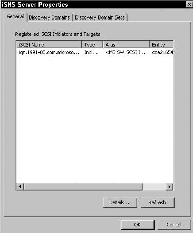Storage in Windows Server 2008 25 Exercise 1.7 (continued) 7. Click the General tab. This tab displays the list of registered initiators and targets.