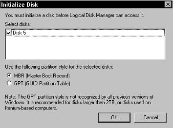 Storage in Windows Server 2008 5 Exercise 1.1 (continued) 8. A pop-up box appears asking for the partition style. For this exercise, choose MBR. 9. Click OK.