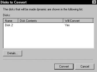 The Convert to Dynamic Disk dialog box changes to the Disks to Convert dialog box and show the disk/disks that will be converted to dynamic disks. 8. Click Convert. 9.