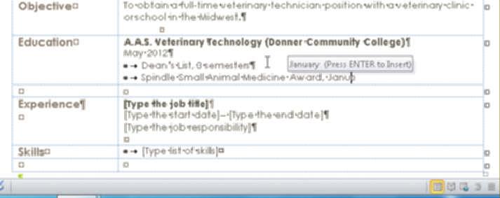 WD 88 Word Chapter 5 Using a Template to Create a Resume and Sharing a Finished Document Q&A Type Spindle Small Animal Medicine Award, Janu and notice the AutoComplete ScreenTip that appears on the