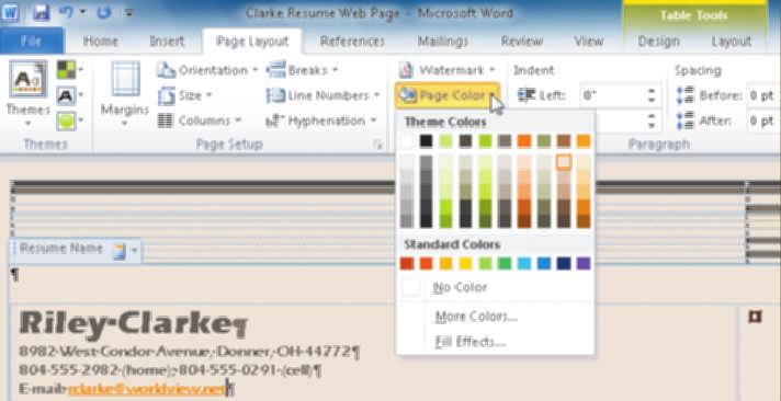 Page Layout tab Page Color button Click the Page Color button (Page Layout tab Page Background group) to display the Page Color gallery.