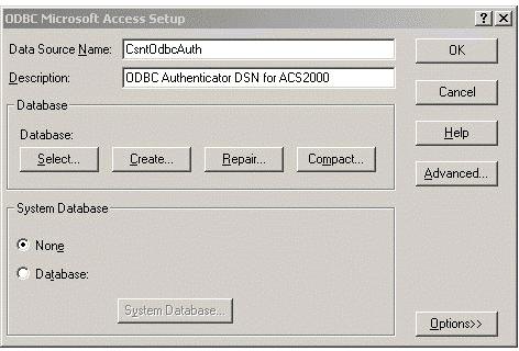 The ODBC DSN Administrator window has several tabs, including User DSN and System DSN. Because the Cisco Secure ACS runs as an NT service, it is important to create the DSN under the System DSN tab.